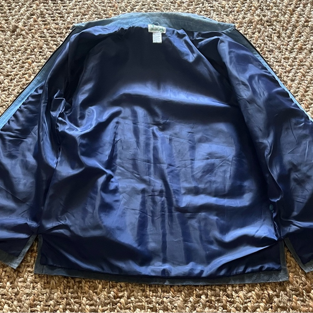 Suede Leather Barn Jacket L Blue Sunflowers Whipstitch Fall Boho Chore Quacker - Picture 11 of 16